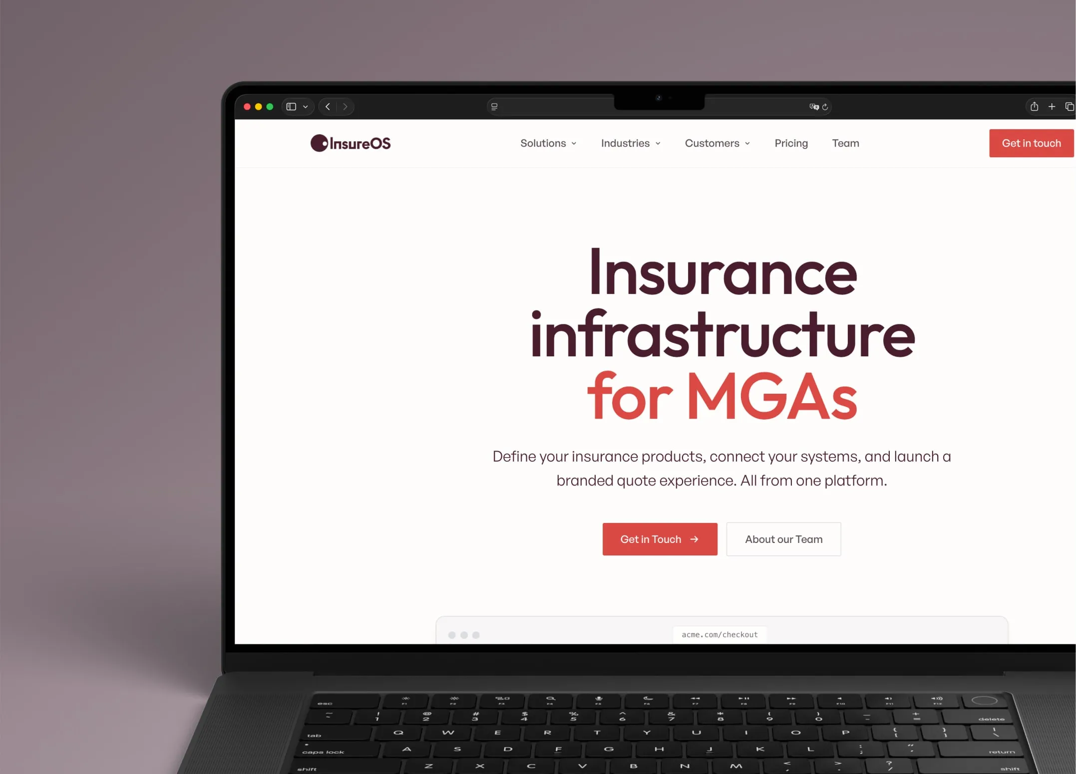 The InsureOS marketing site, headlined insurance infrastructure for MGAs