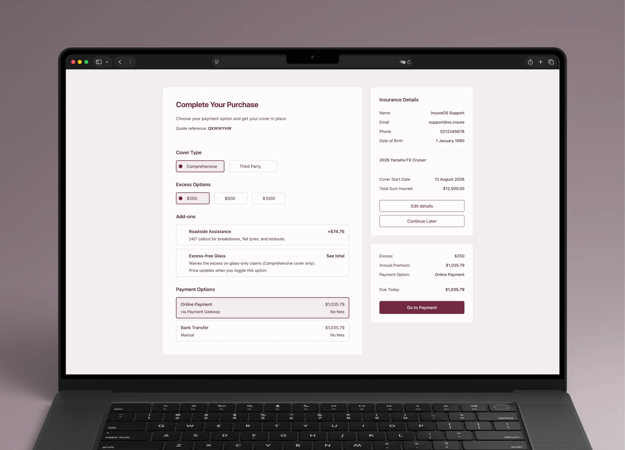 The InsureOS checkout, showing cover, excess, add-ons and payment options