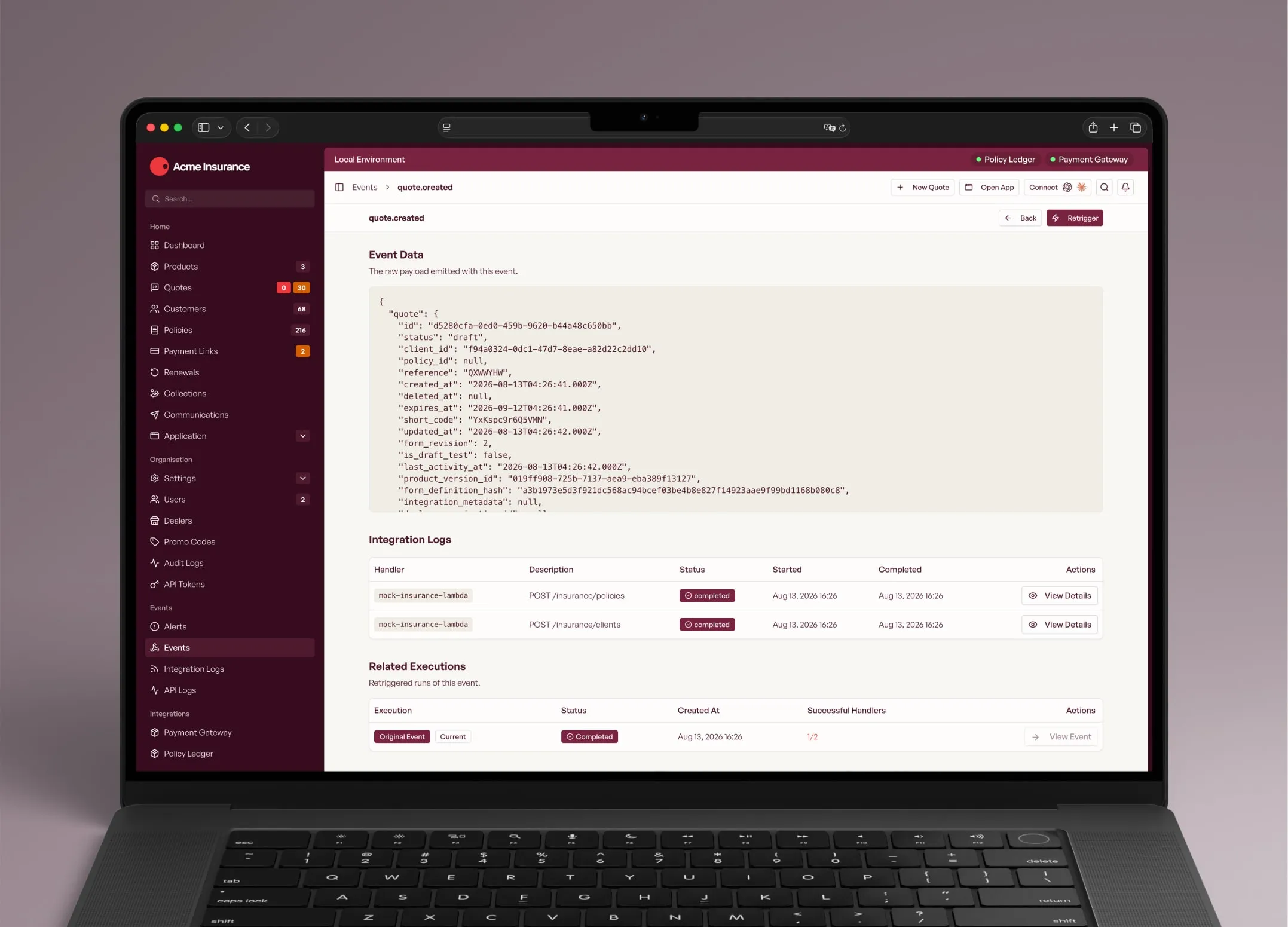 A quote.created event in InsureOS with its payload and the policy ledger handlers that ran