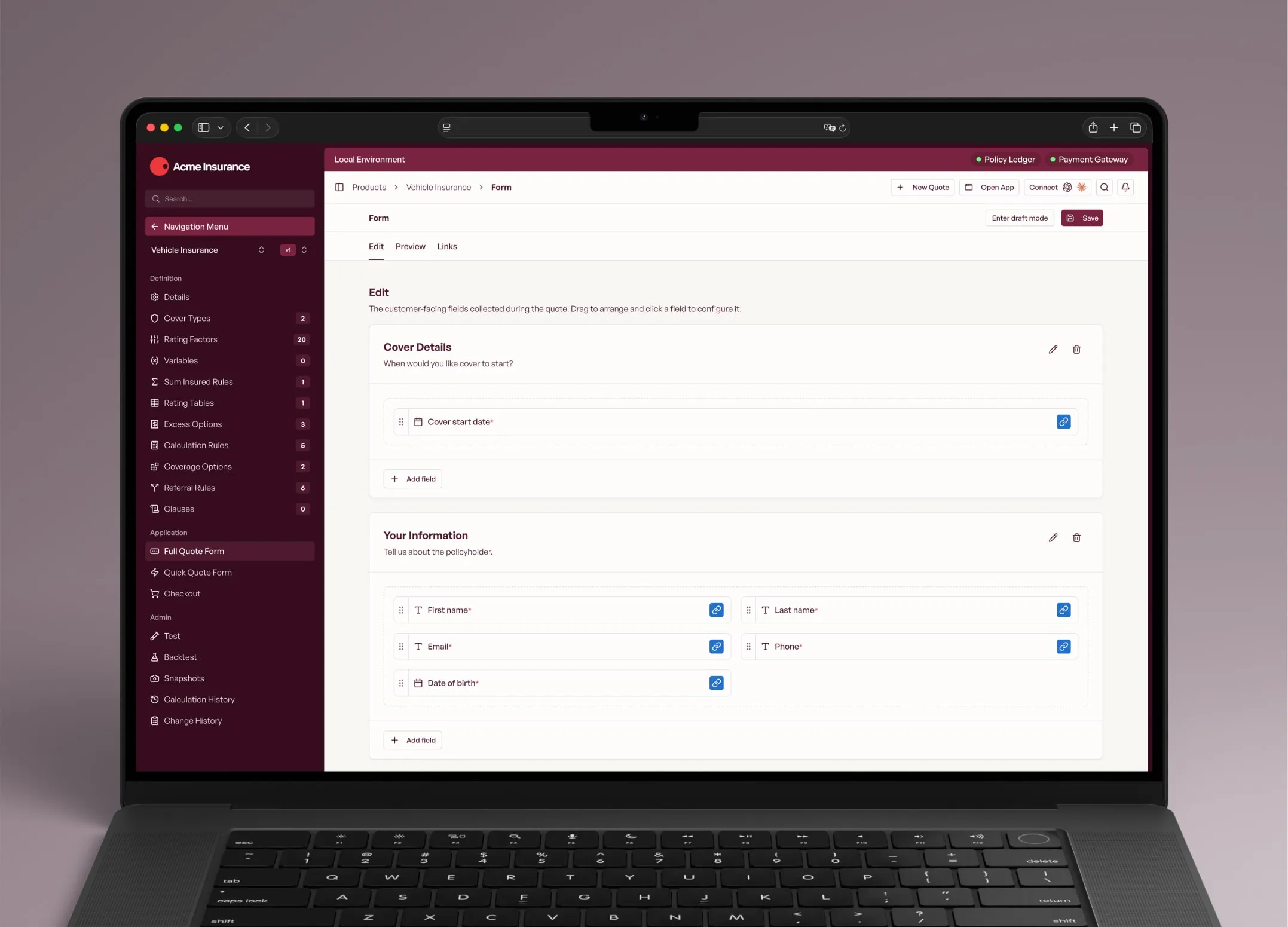 Configuring a product's quote form in the InsureOS portal