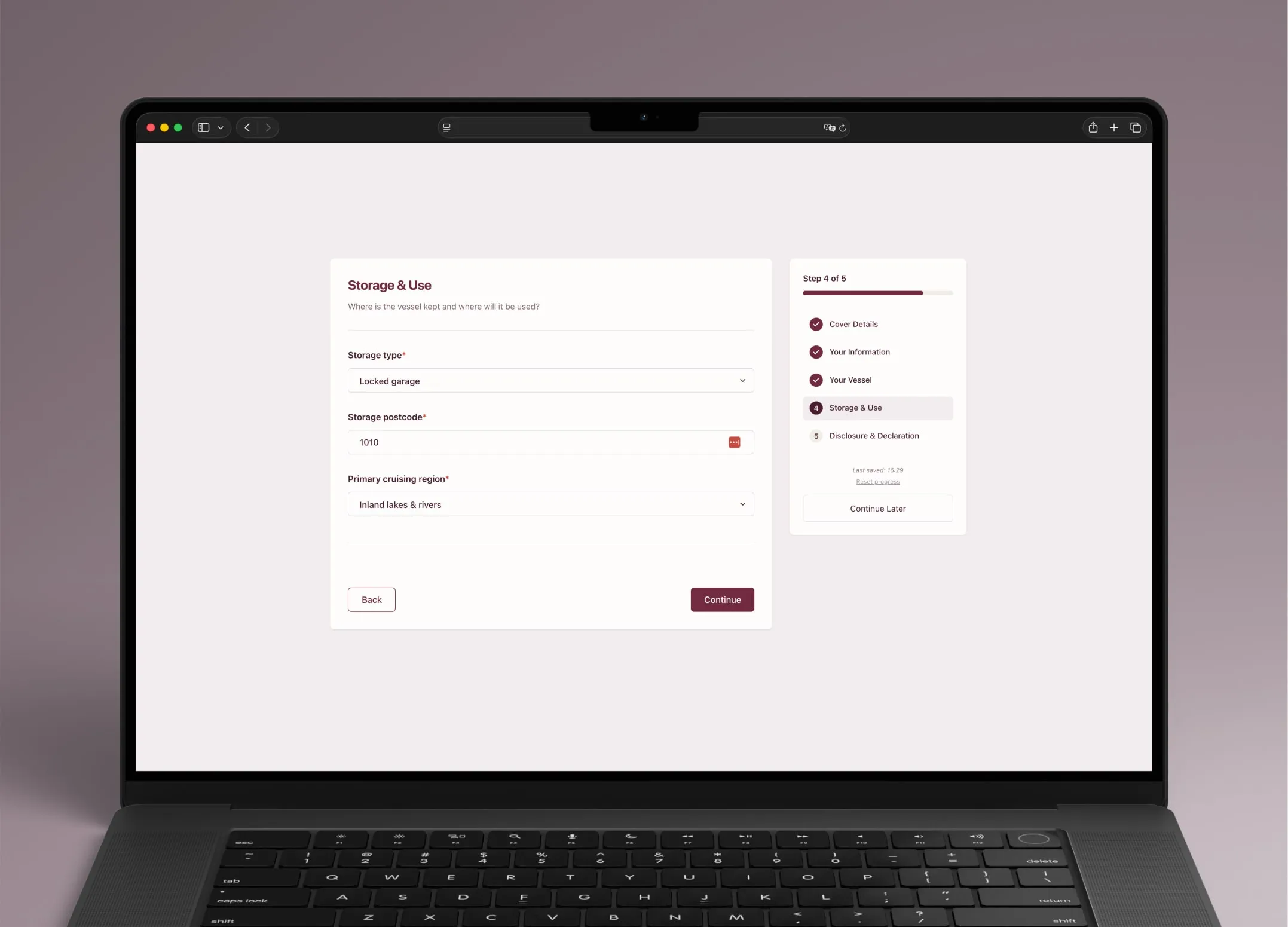 The embeddable InsureOS quote client, part way through a branded five-step journey