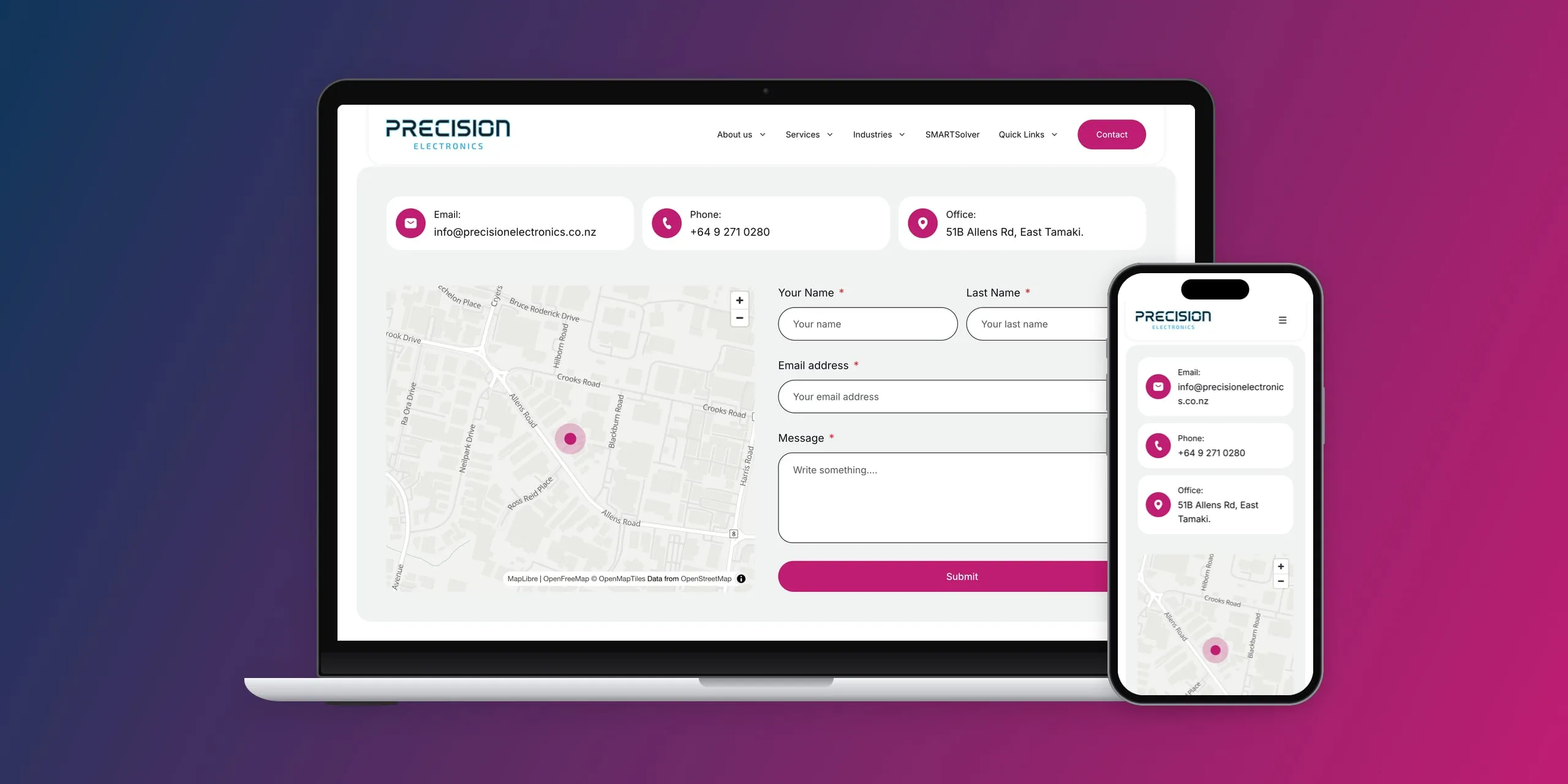 The Precision Electronics contact page, with a map of the East Tāmaki workshop beside the enquiry form, on a laptop and a phone