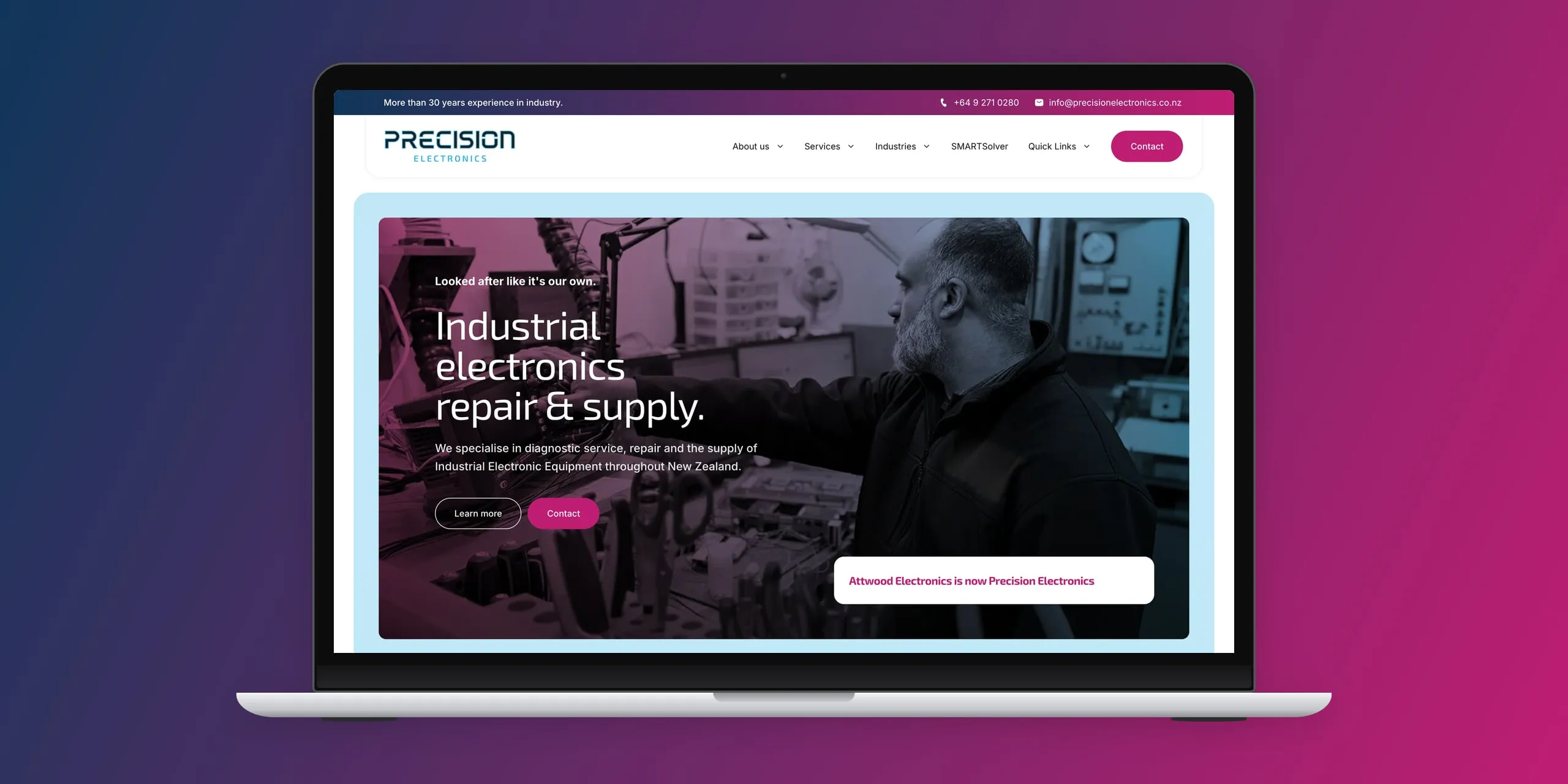 The Precision Electronics homepage on a laptop