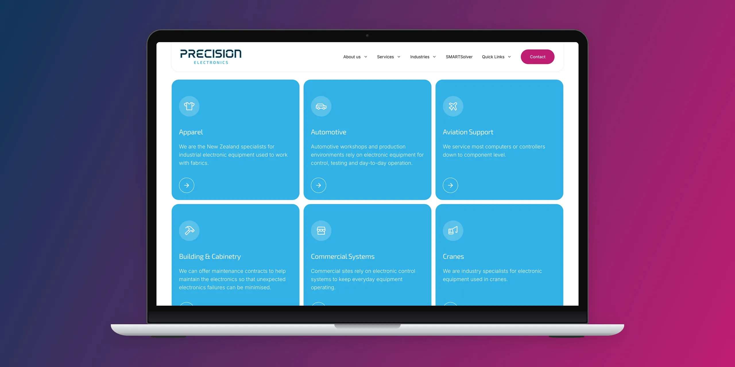 The Precision Electronics industries page, with a cyan card and icon for each industry