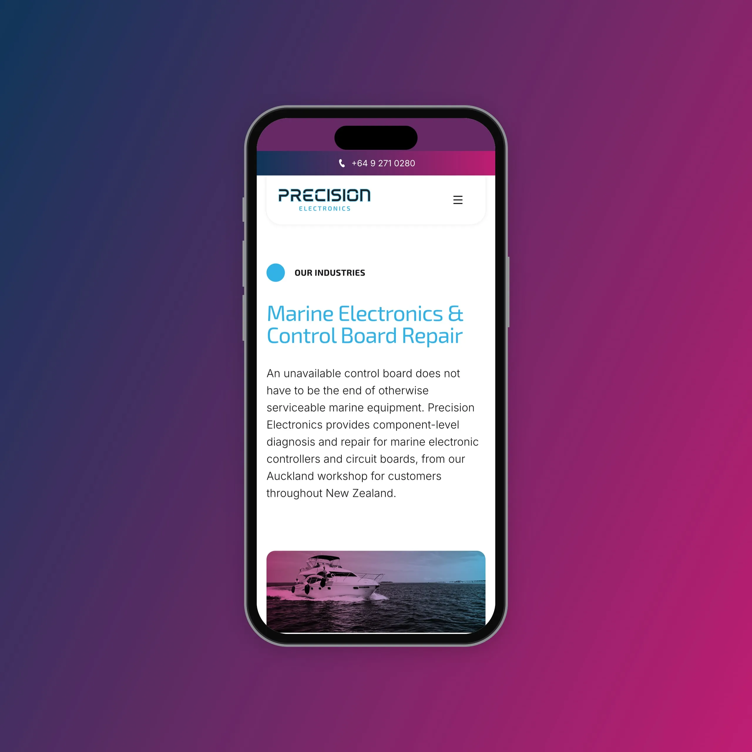The marine electronics and control board repair page on a phone