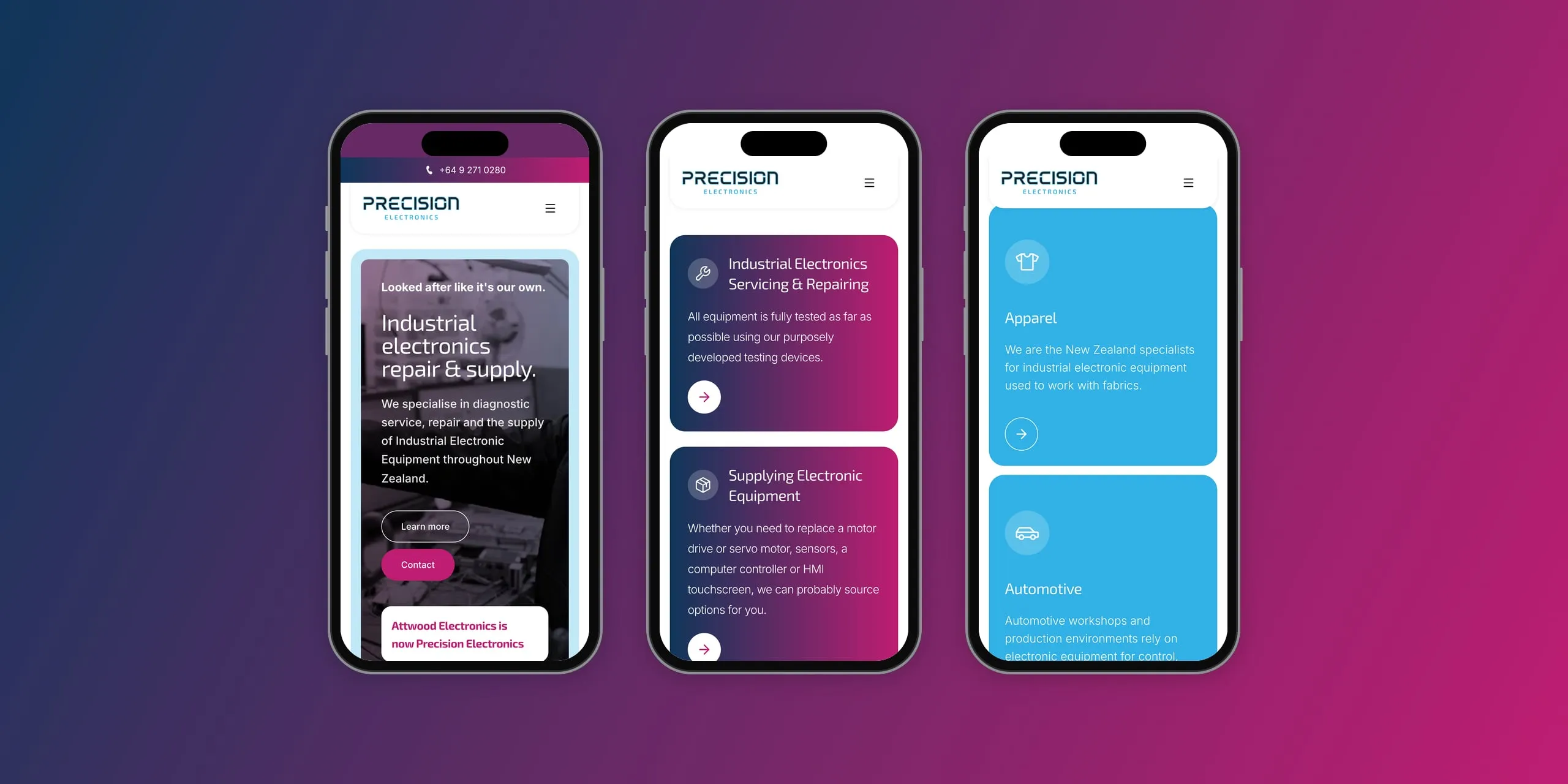 Precision Electronics on three phones, showing the homepage, the service cards and the industry cards
