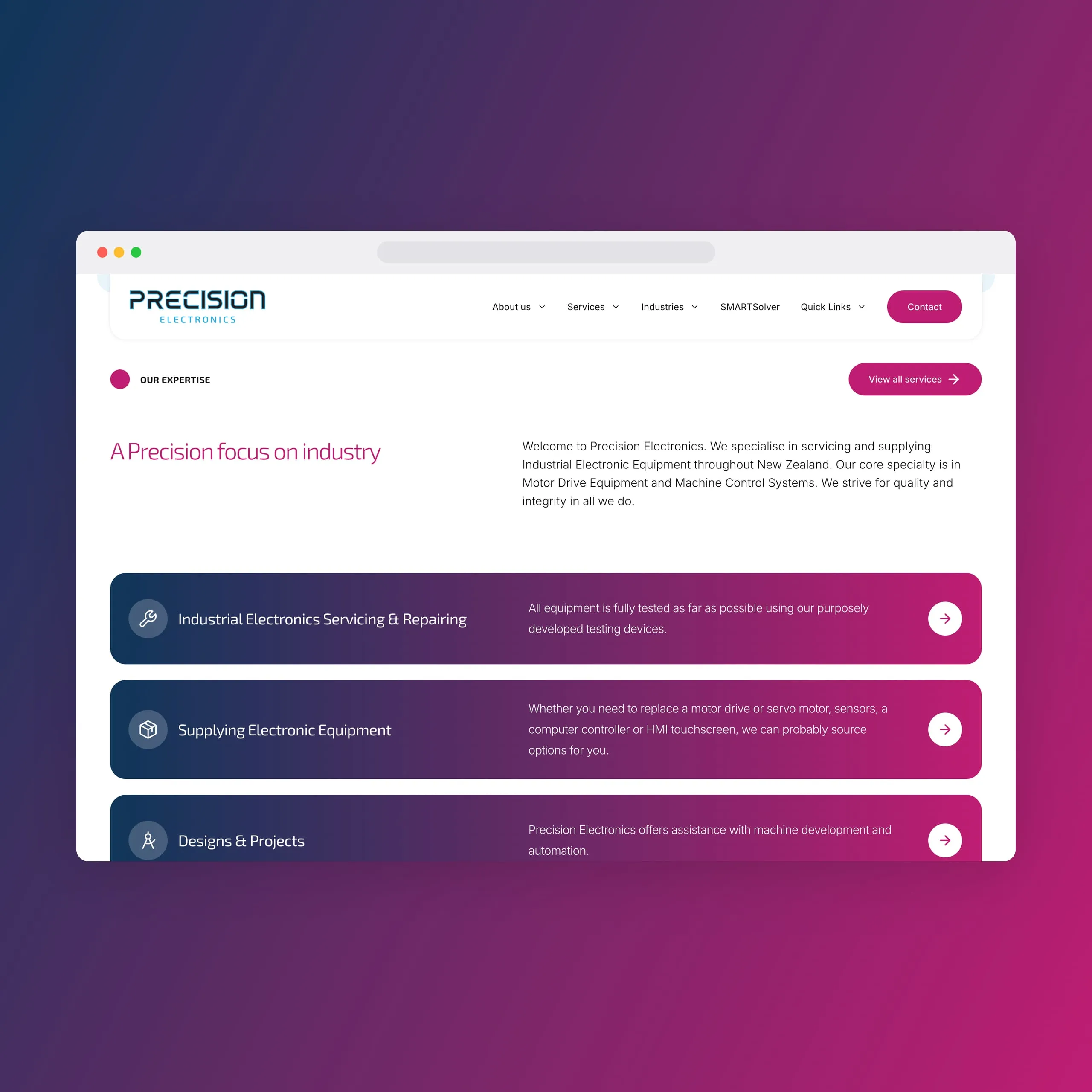 The Precision Electronics services, each on a navy-to-magenta gradient card
