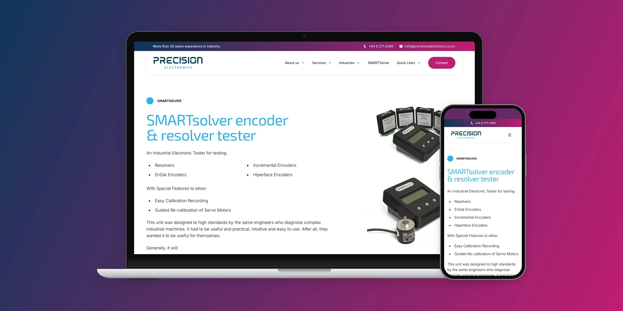The SMARTsolver encoder and resolver tester page on a laptop and a phone