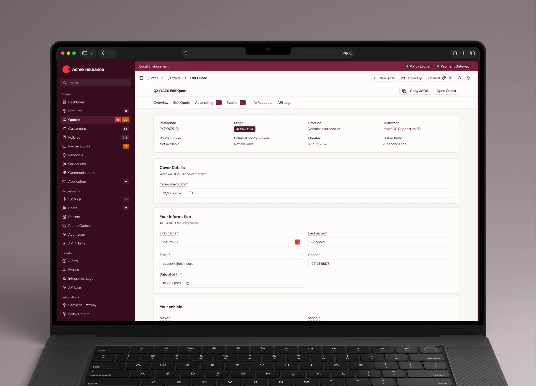 A quote open in the InsureOS portal