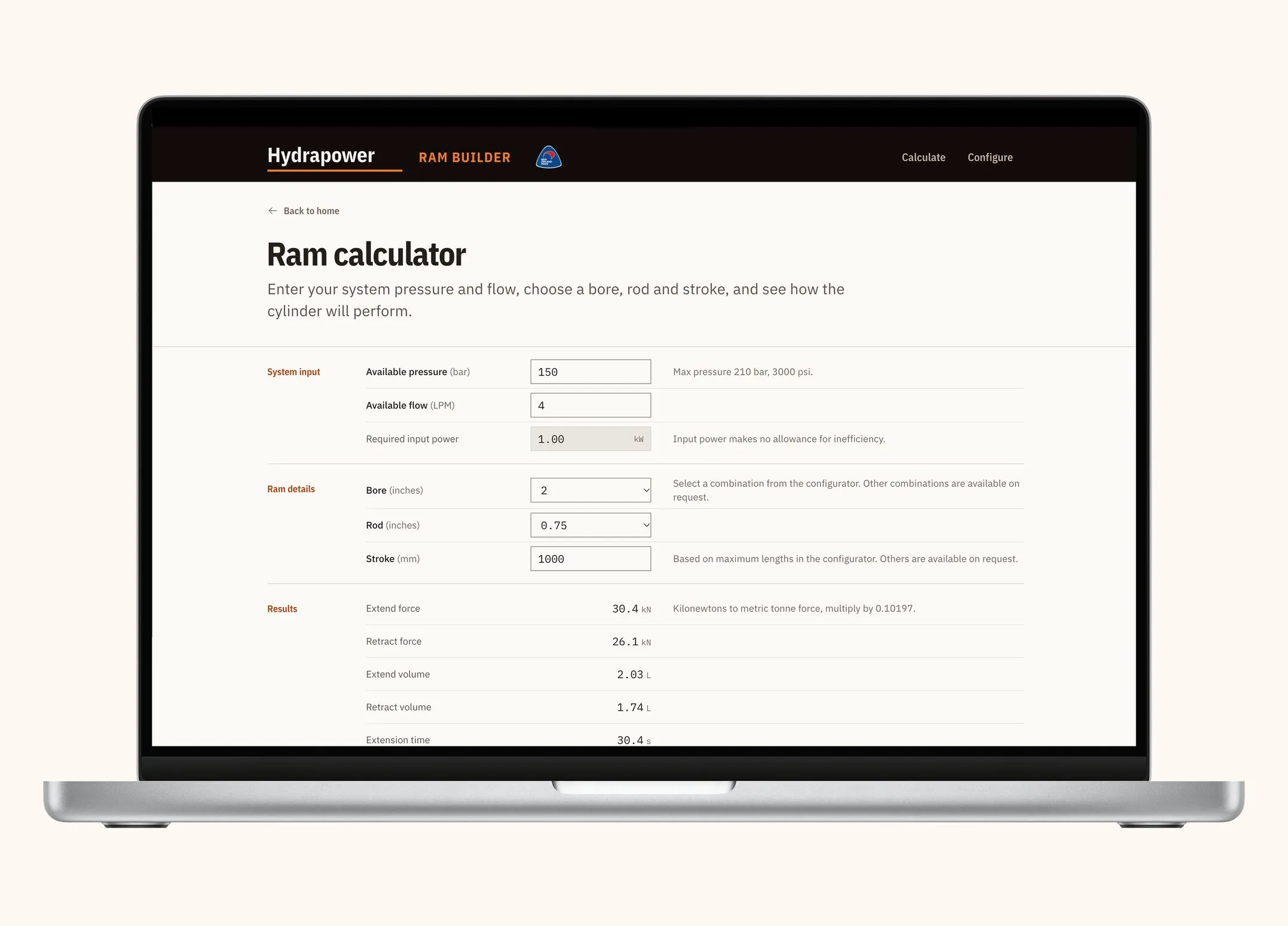 The Ram Builder calculator, with system pressure, flow and ram details above the results