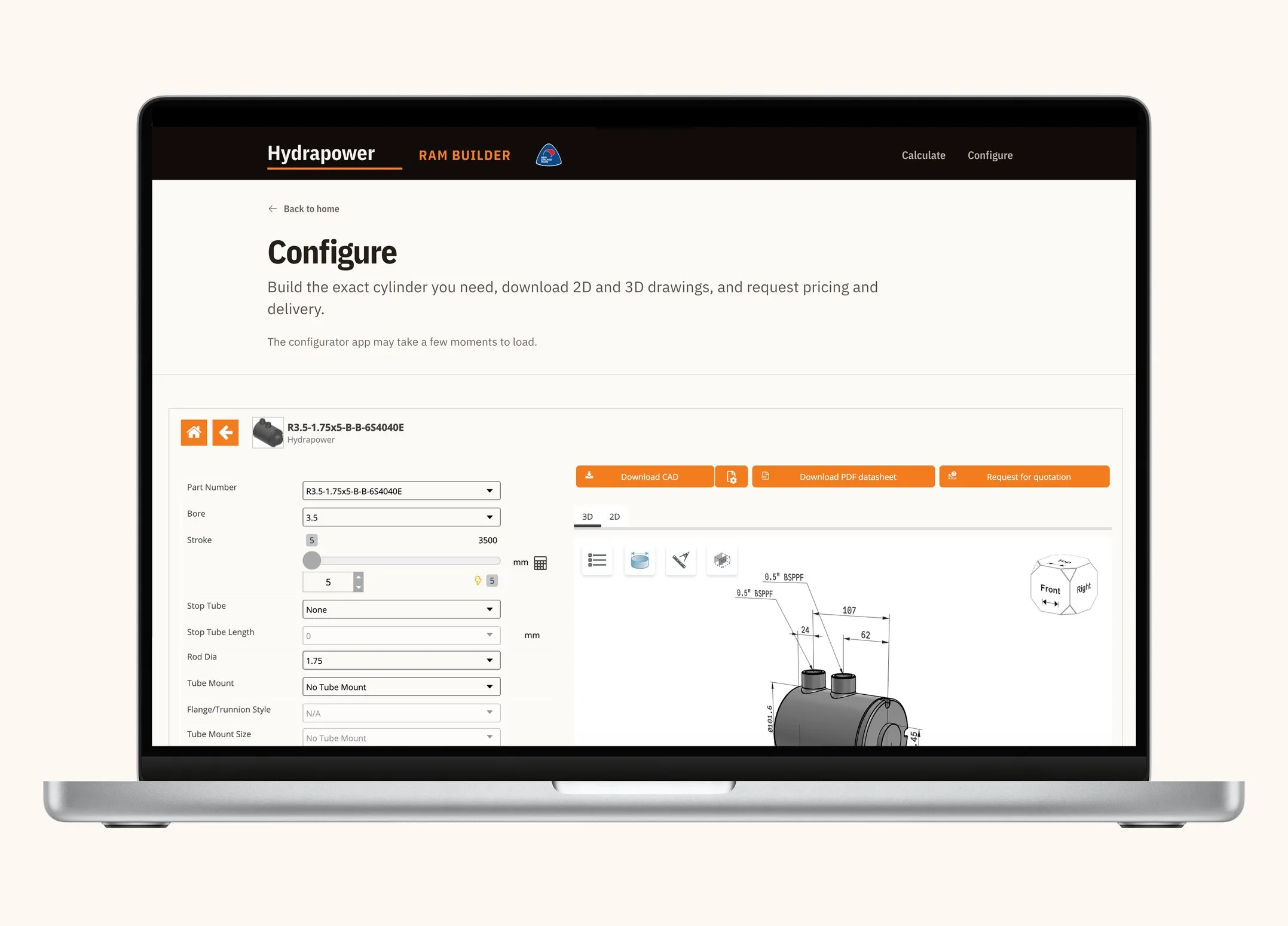 The CADENAS cylinder configurator embedded in Ram Builder, showing part options beside a dimensioned 3D model