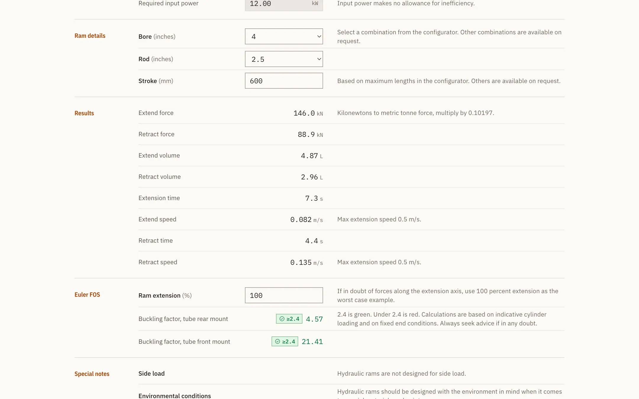 Calculator results in Ram Builder, with both buckling factors above 2.4 and marked in green