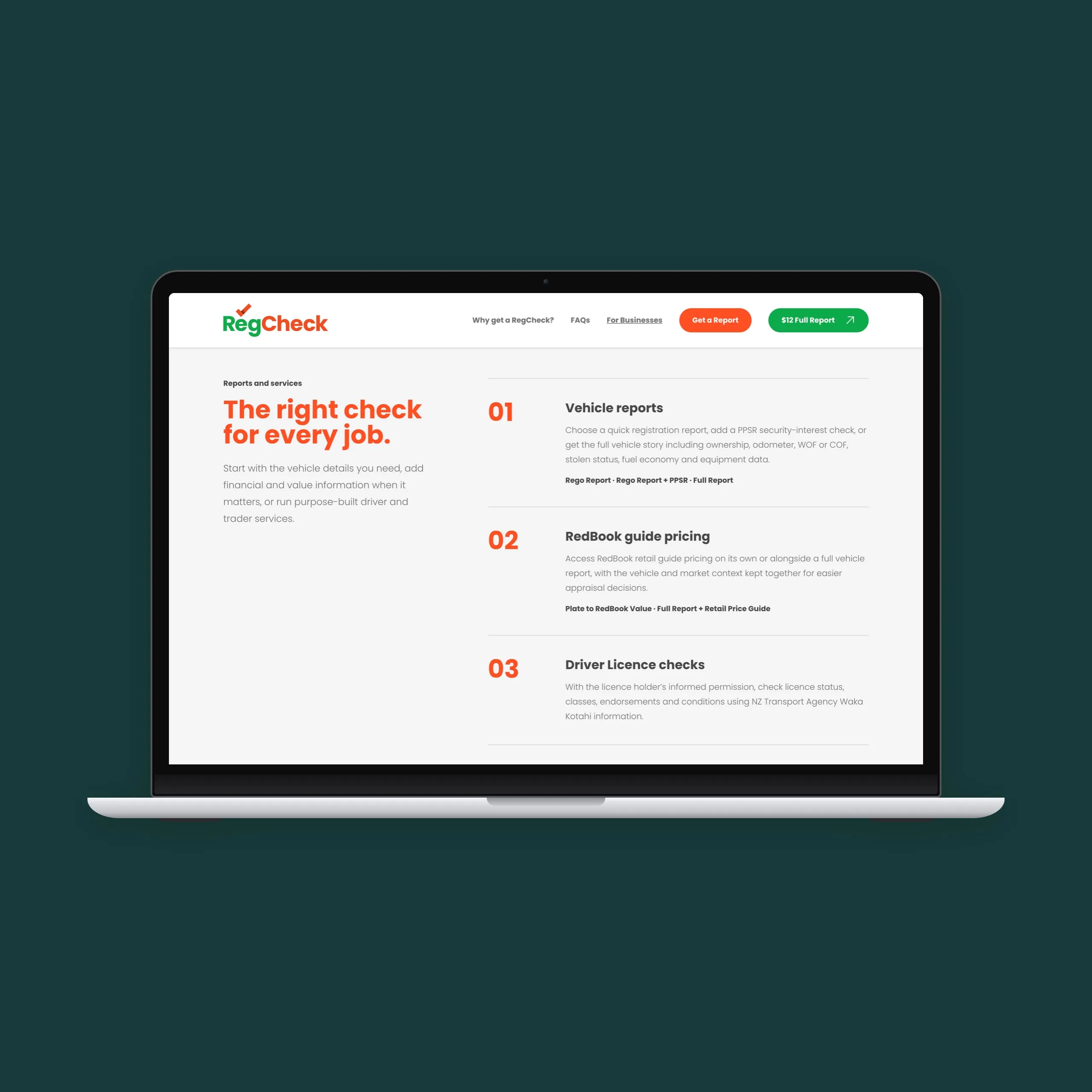 The RegCheck business page, listing vehicle reports, RedBook guide pricing, driver licence checks and ownership changes