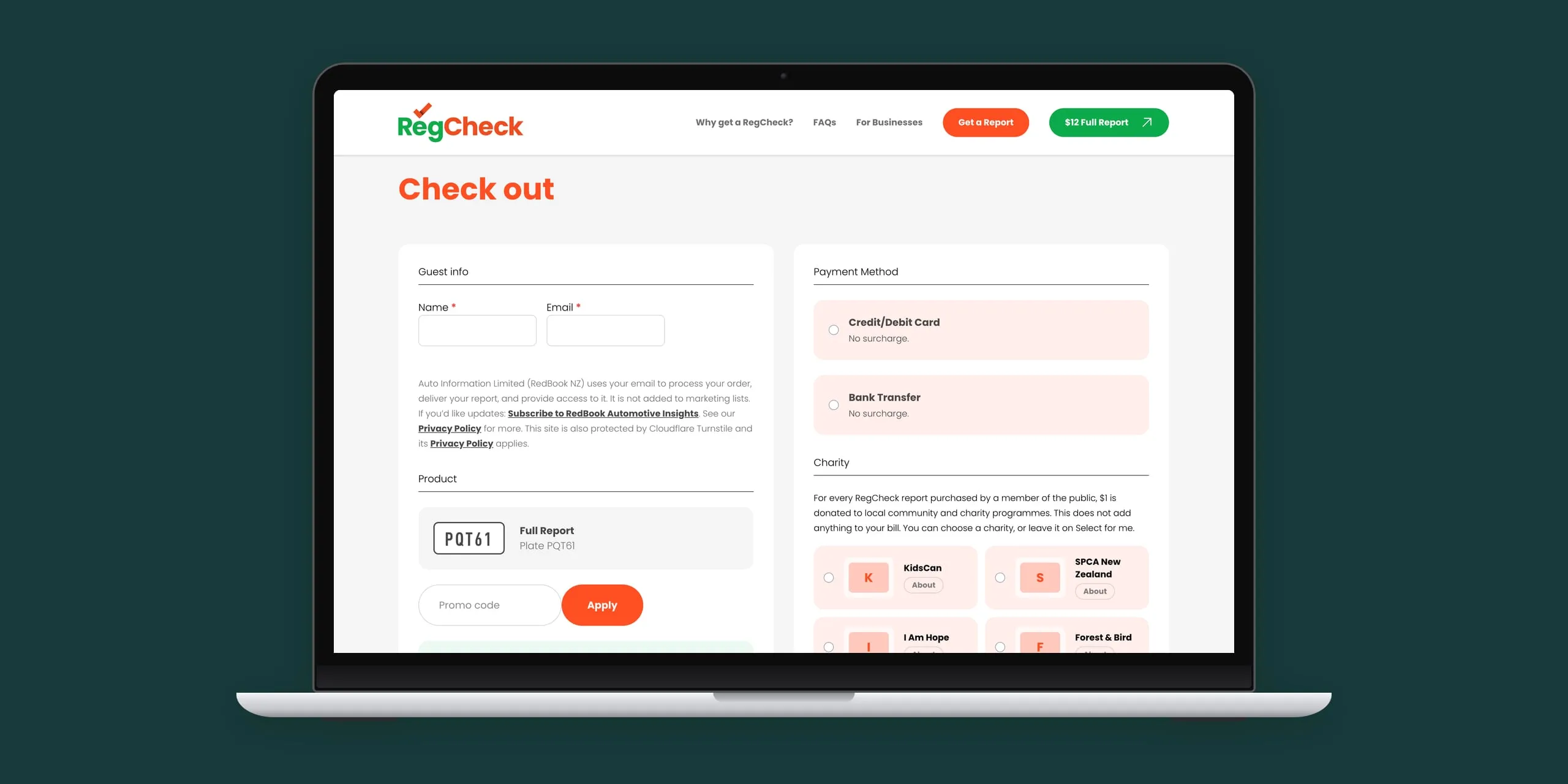 The RegCheck guest checkout, with payment options and a choice of charities