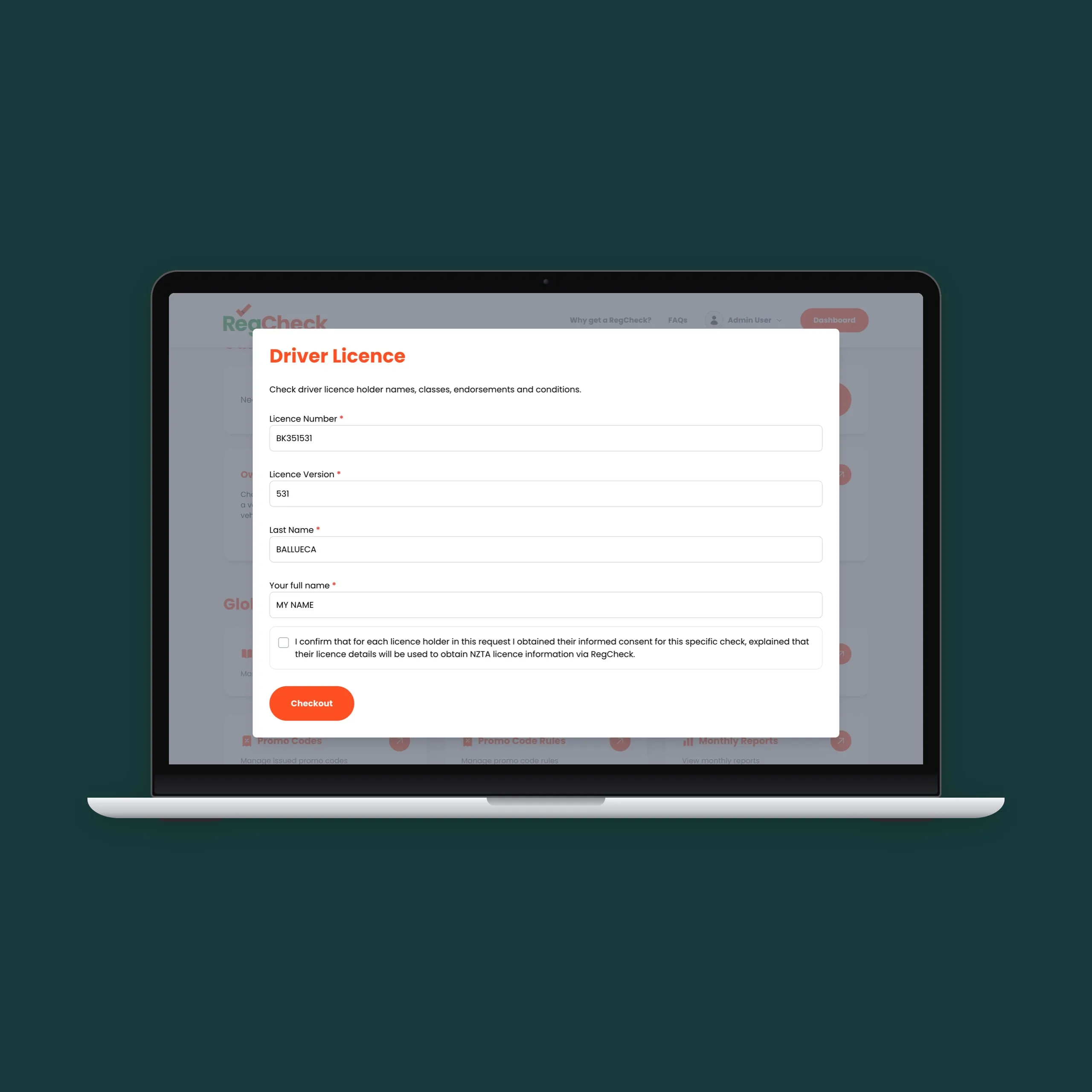 The driver licence check form, with the licence holder consent confirmation