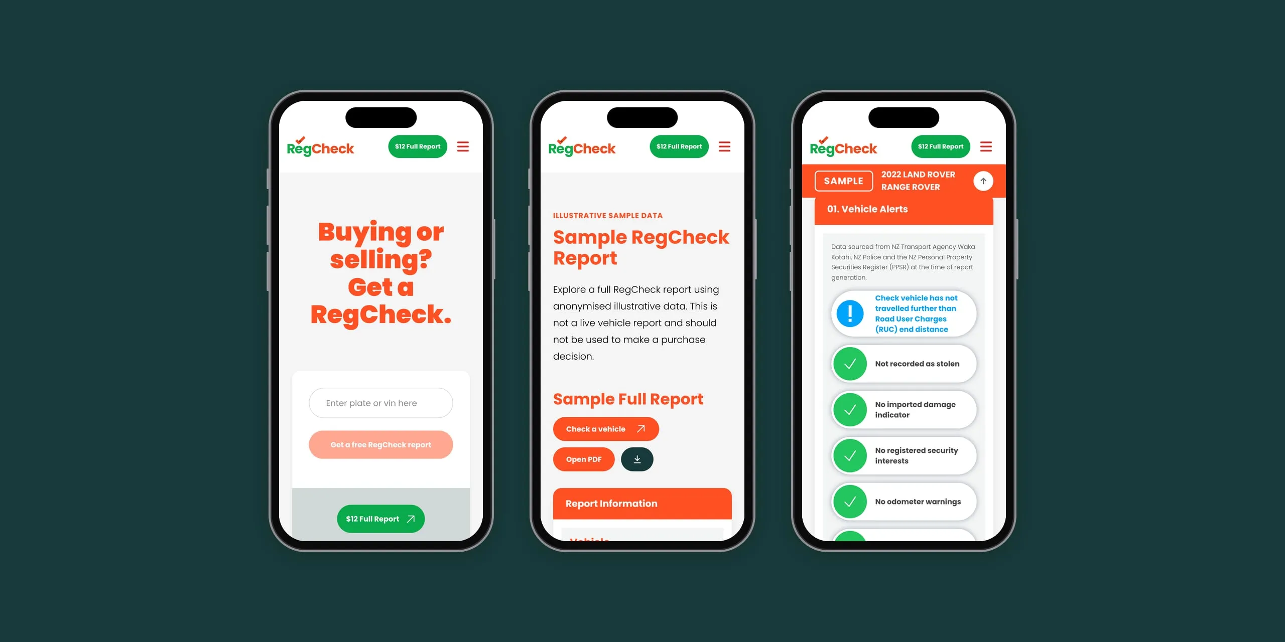 RegCheck on three phones, showing the homepage, the sample report and the report's vehicle alerts