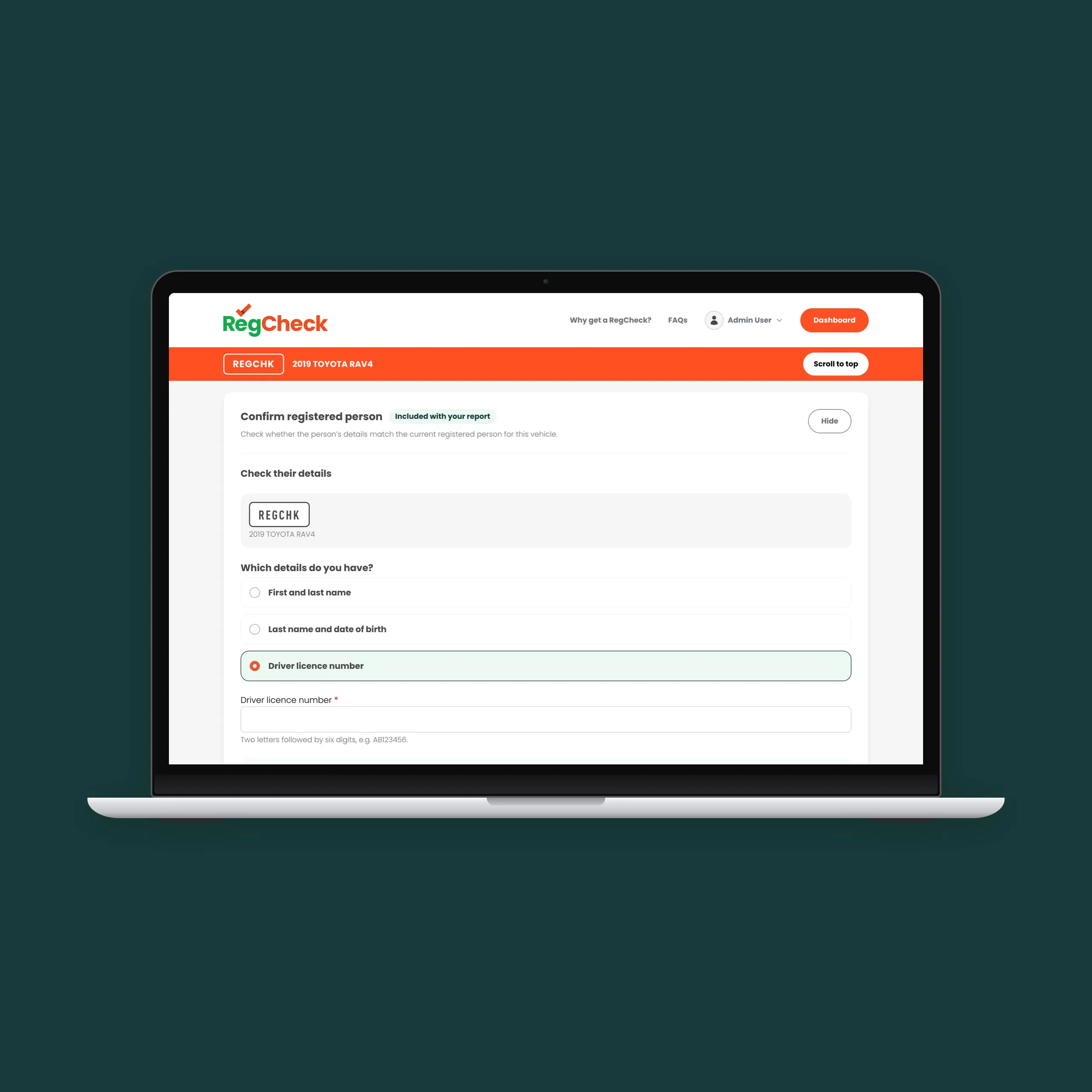 The confirm registered person check, offering name, date of birth or driver licence number