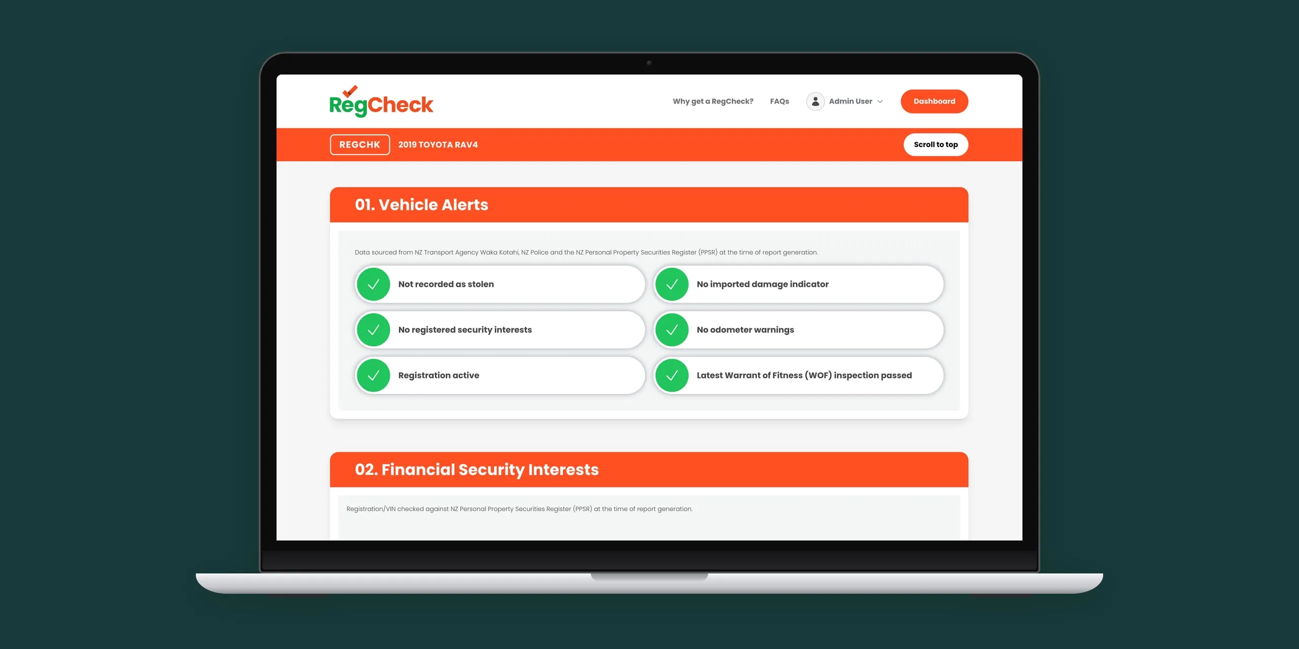 The vehicle alerts at the top of a RegCheck report