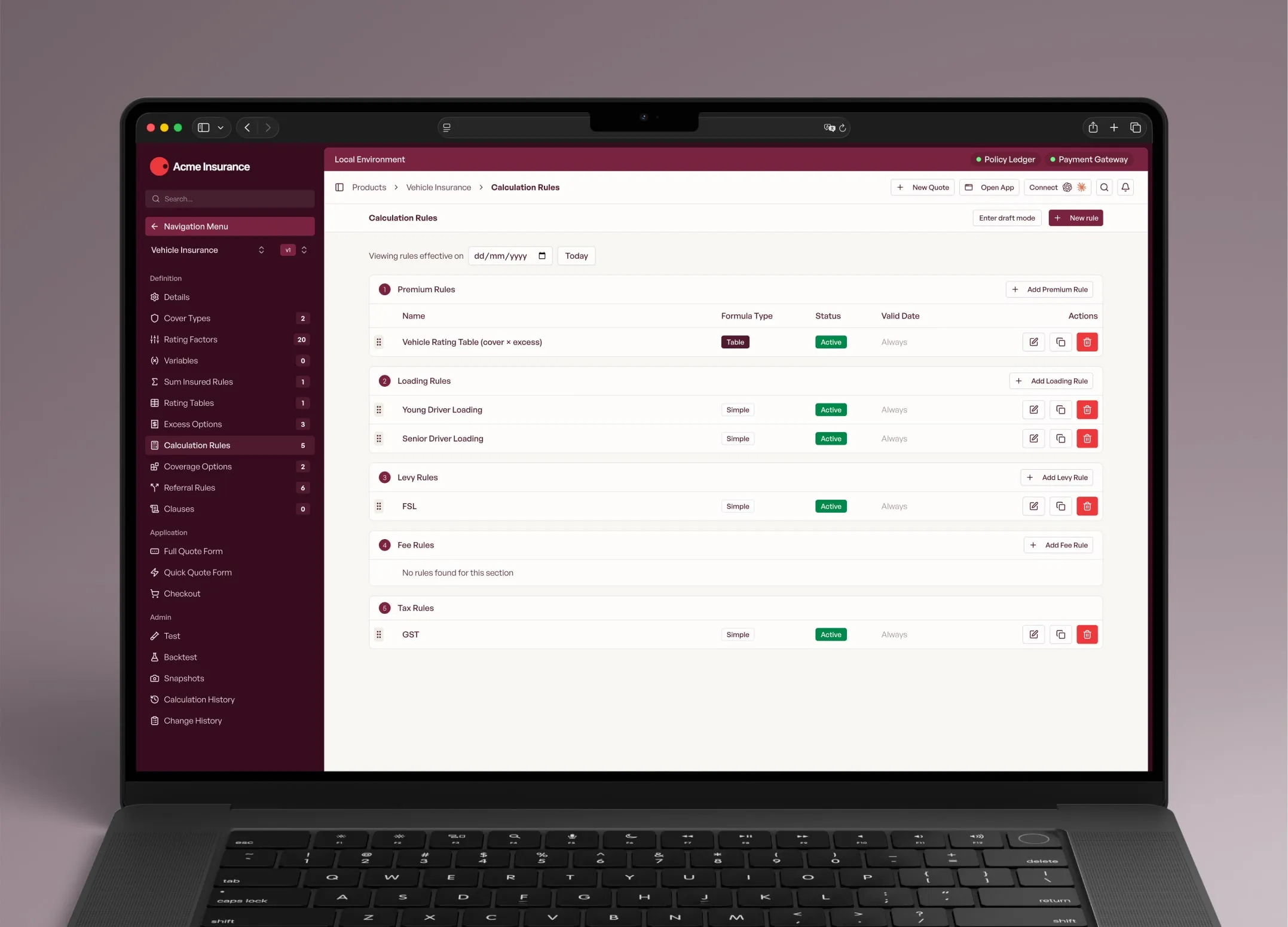 Calculation rules in InsureOS, grouped into premium, loading, levy, fee and tax