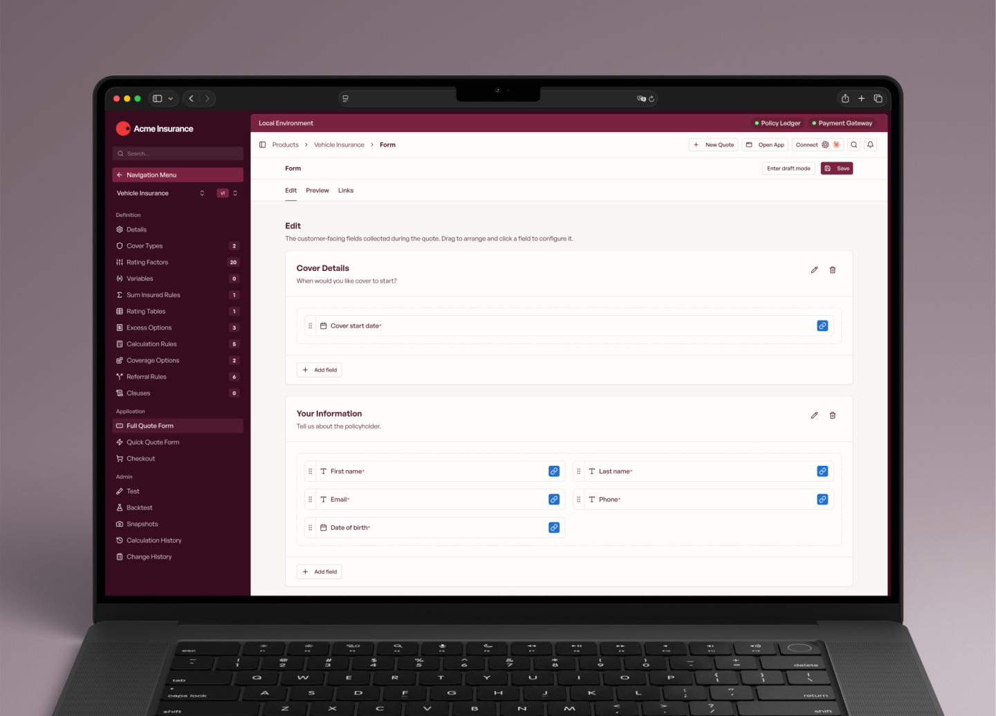 Configuring a product's quote form in the InsureOS portal